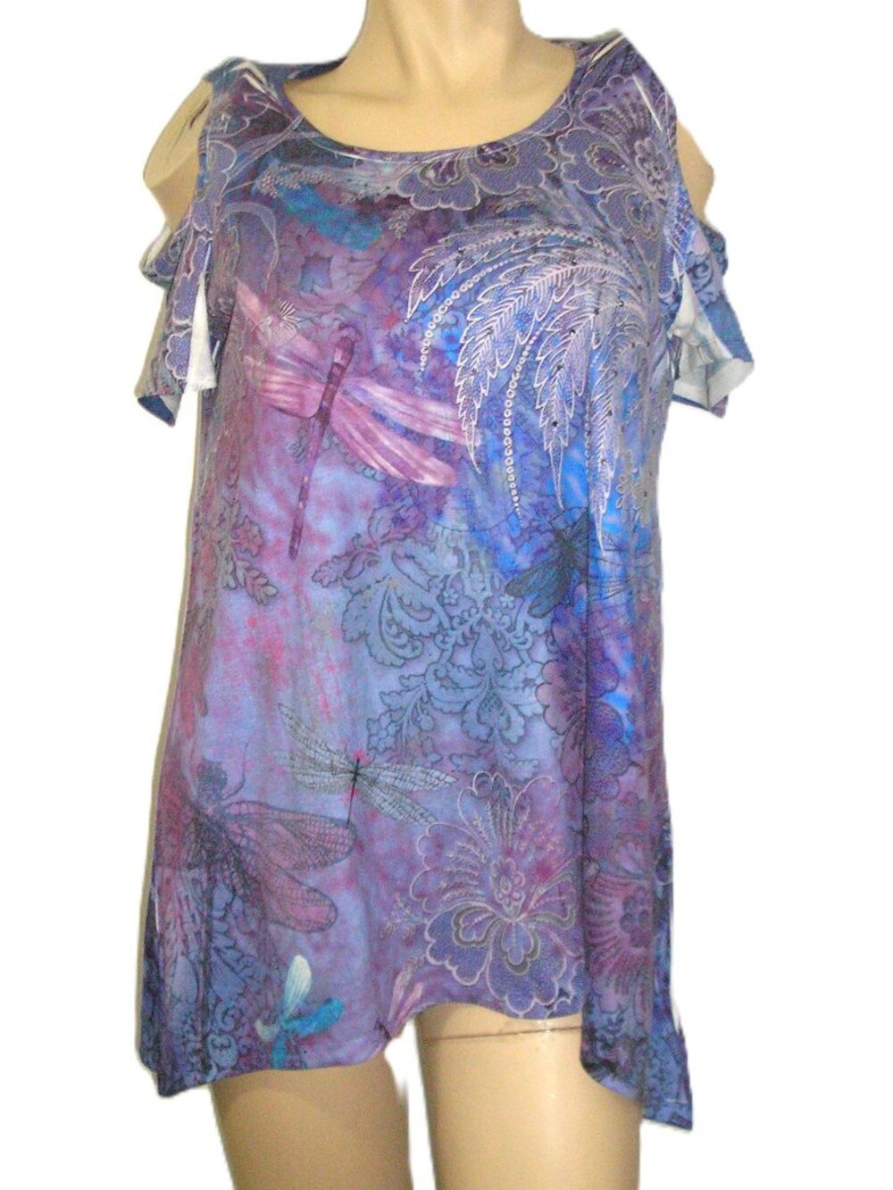 Tru Self Cold Shoulder Stud Detail Dragonfly & Floral Top, Medium